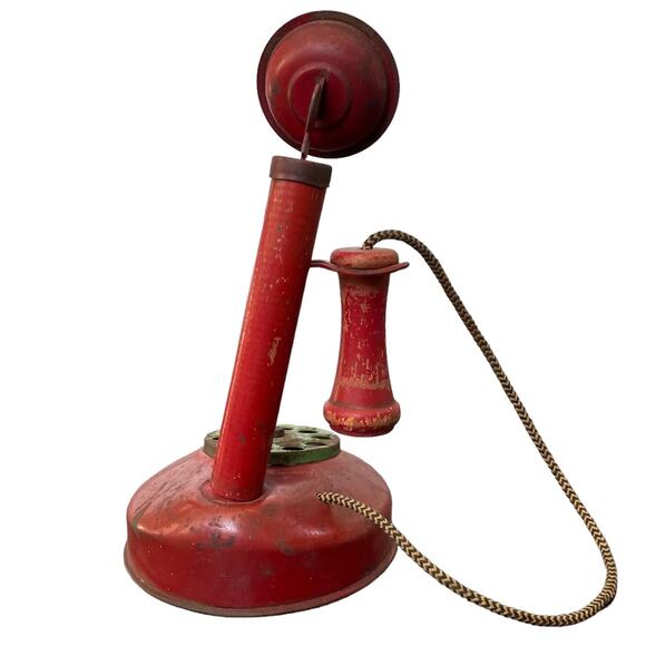 Vintage Tin Candlestick Telephone Toy Child Phone Wood Red Antique READ - Picture 10 of 14